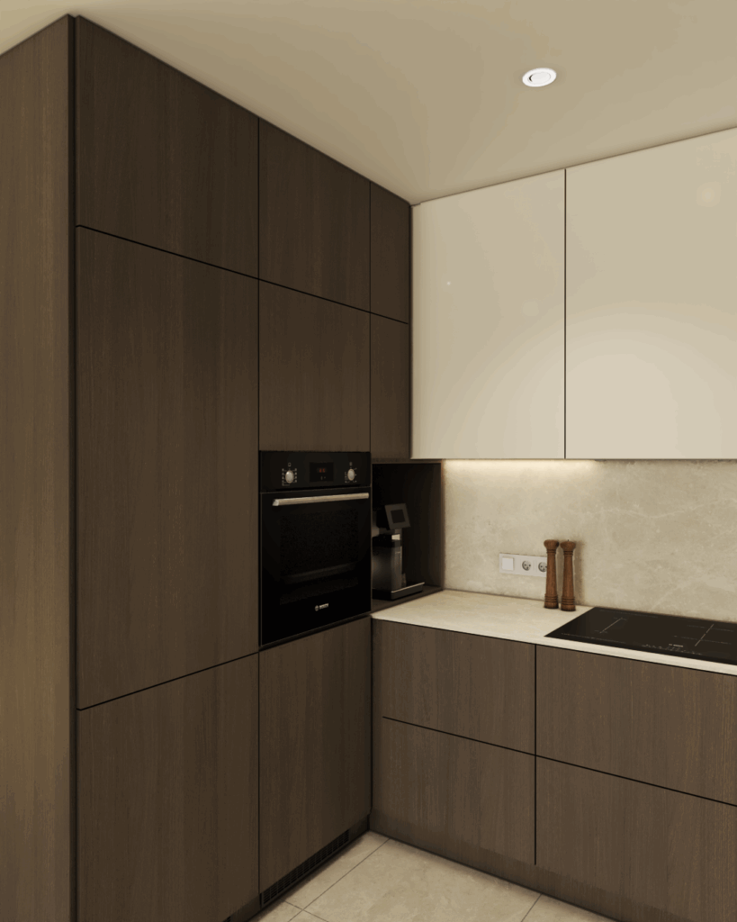 Drewniana kuchnia w zabudowie koscian