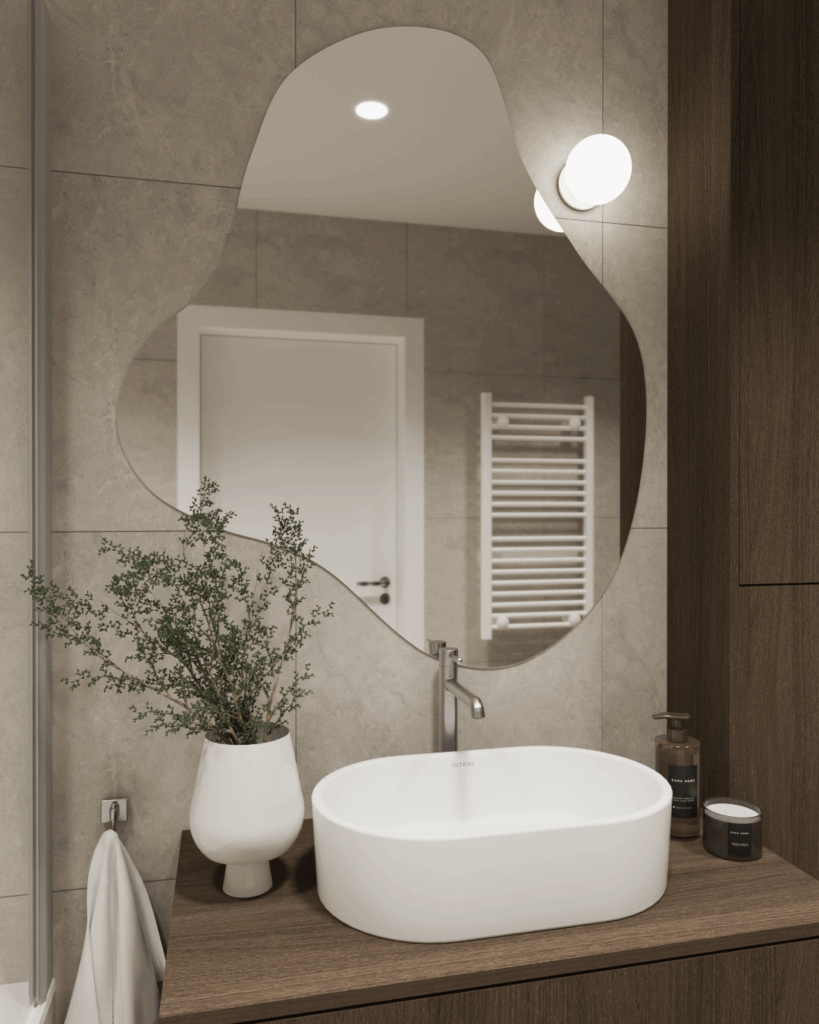 Projekt łazienki w neutralnych beżowych barwach z drewnem – Kościan