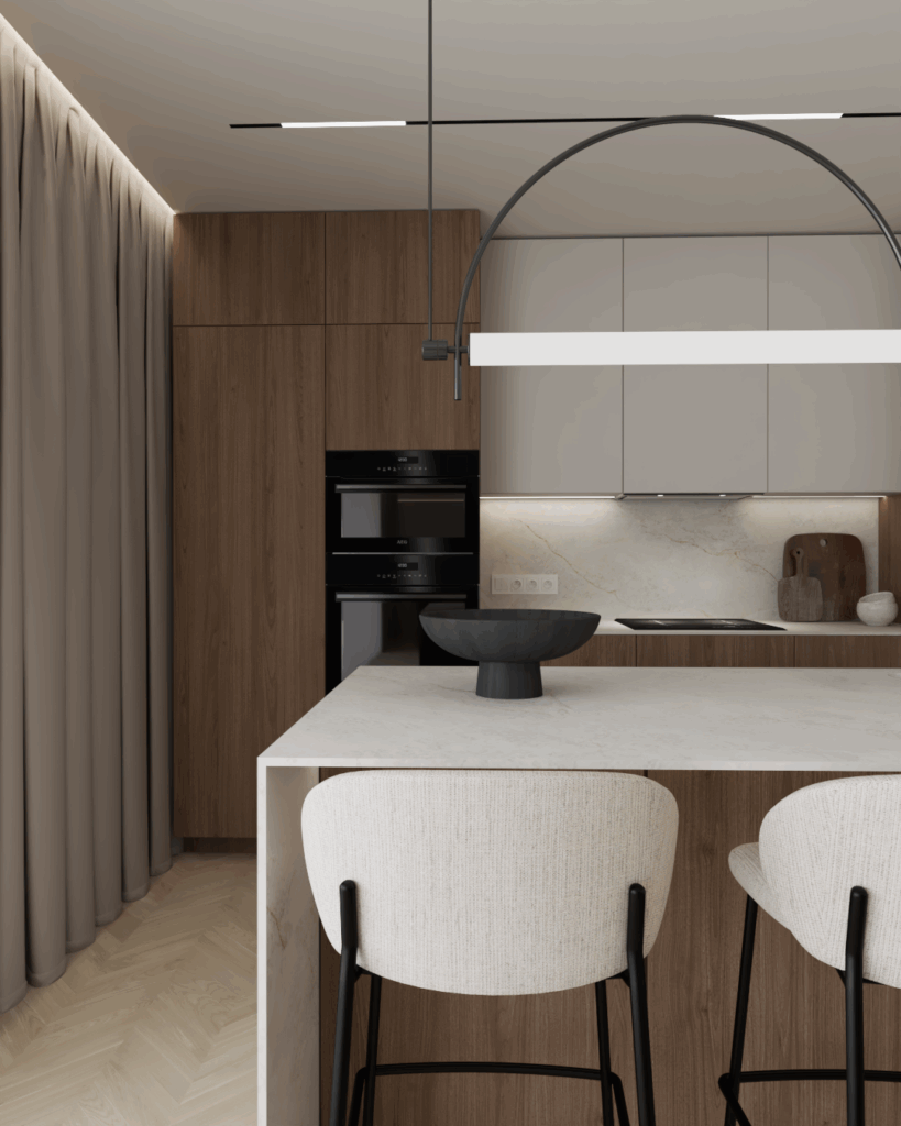 Ciepła aranżacja salonu z otwartą kuchnią, realizacja Kościan