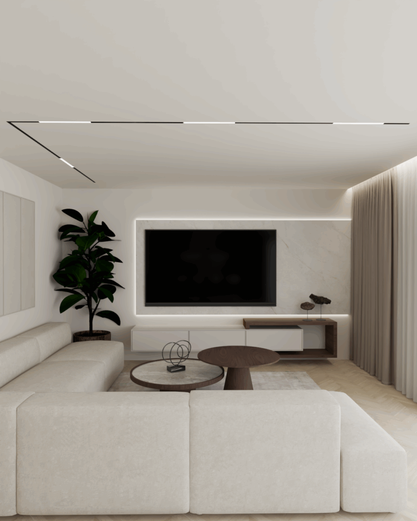 Salon z kuchnią w naturalnej palecie barw – Kościan