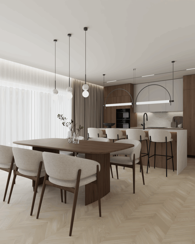 Salon z kuchnią w stylu nowoczesnym – projektowanie wnętrz Kościan